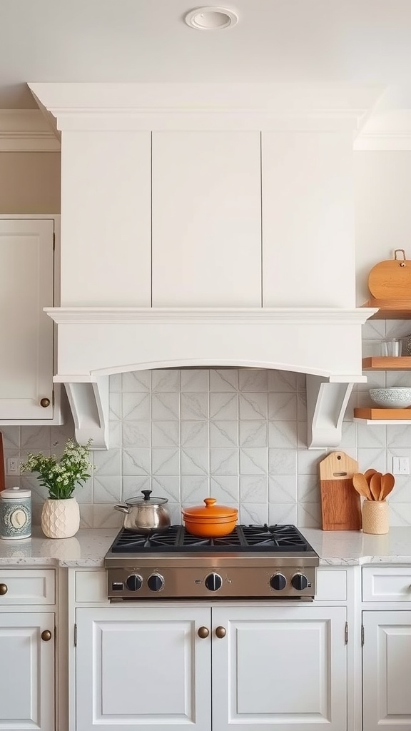 Classic white shaker style kitchen hood above a gas stove with decorative backsplash