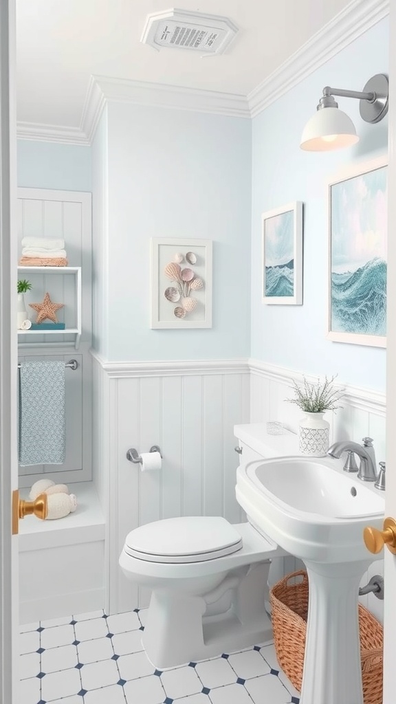 A coastal-themed bathroom with soft blue walls, seashell art, and beachy accents.