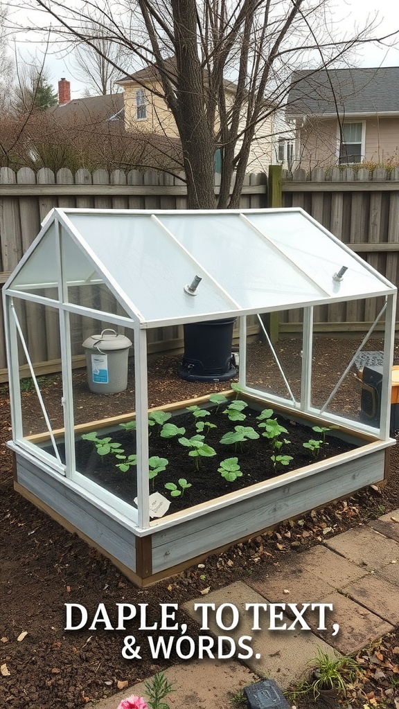 A cold frame greenhouse with plants growing inside, surrounded by a garden.