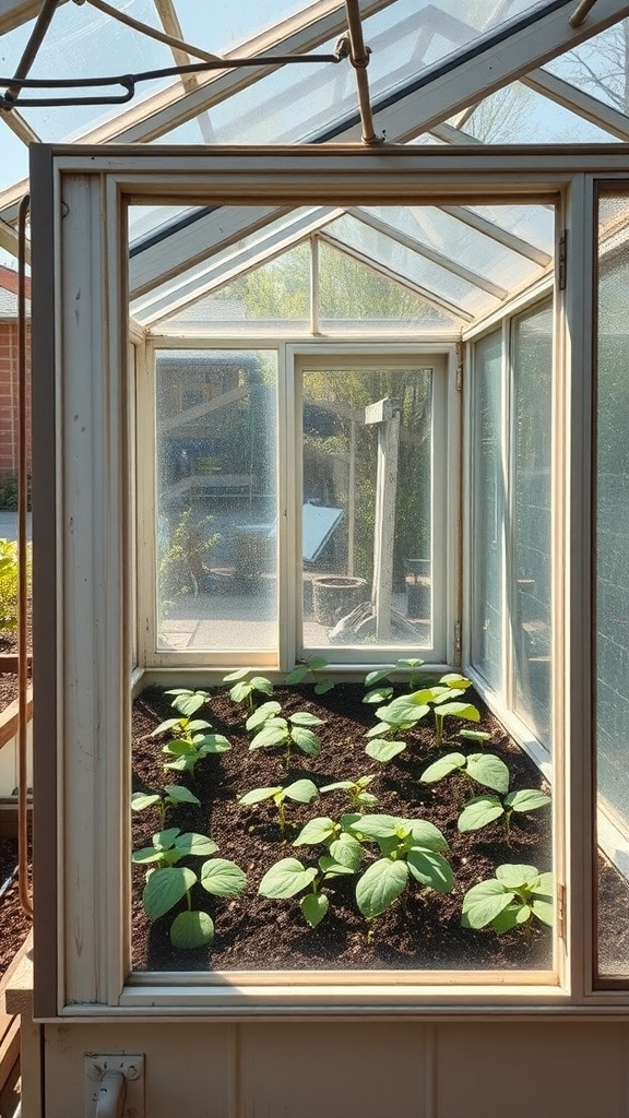 A cold frame greenhouse filled with young plants.