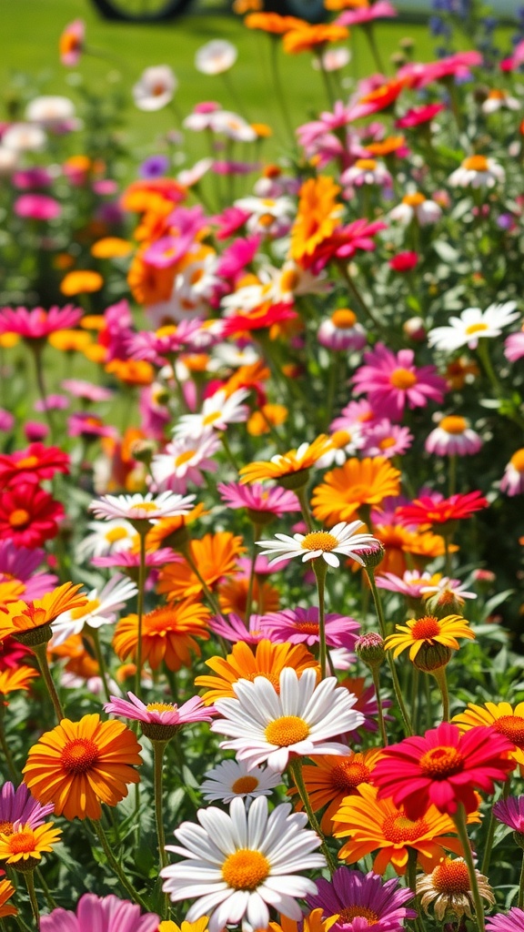 A colorful array of blooming annual flowers in various shades of pink, orange, and white.