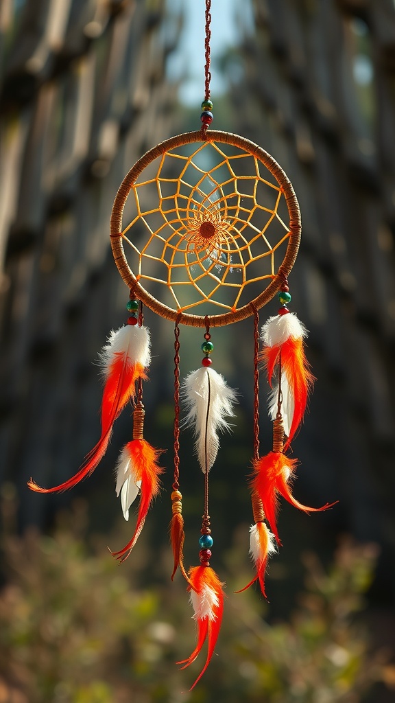 A colorful dreamcatcher with orange feathers hanging in a natural setting.