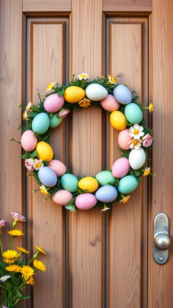 A colorful wreath made of plastic Easter eggs and flowers, hanging on a wooden door.