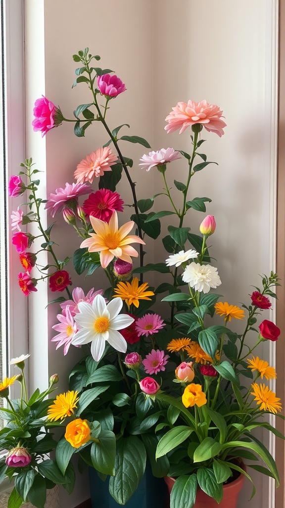 A vibrant arrangement of colorful flowering plants in pots, showcasing various blooms and greenery.