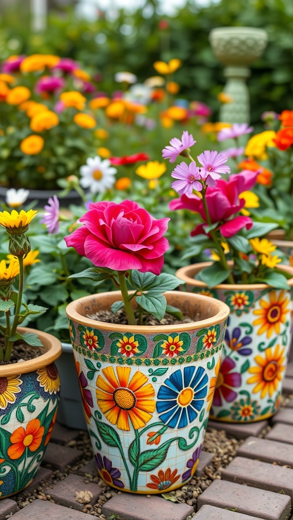 Colorful mosaic flower pots filled with vibrant flowers in a garden