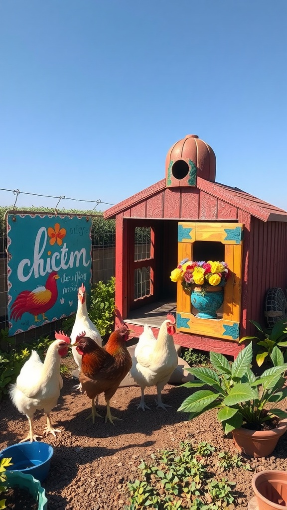 A vibrant chicken run with a painted coop and chickens walking around.