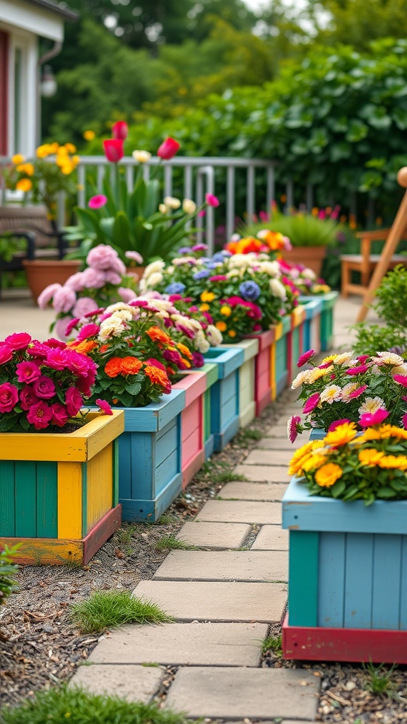 Colorful painted planter boxes filled with flowers along a garden pathway.