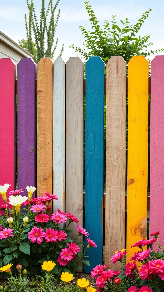 A colorful pallet fence with pink, blue, yellow, and natural wood colors, surrounded by bright flowers.