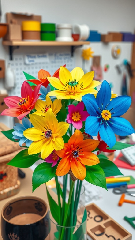 Colorful paper flower bouquet in a vase on a craft table.