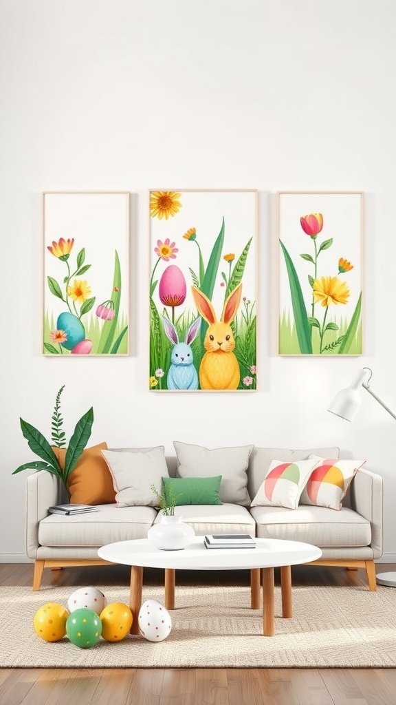 Spring-themed wall art featuring colorful flowers, Easter eggs, and bunnies, set in a cozy living room.