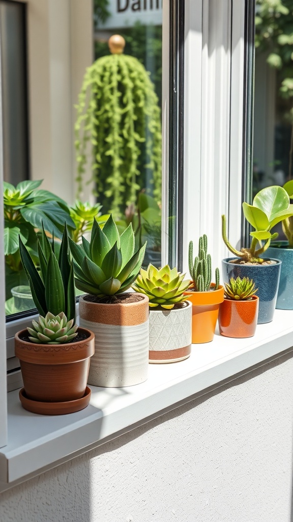 A collection of colorful succulents in various pots on a windowsill.