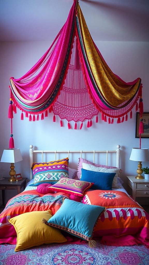 A colorful tapestry canopy draped over a bed, adding vibrancy to the bedroom decor.