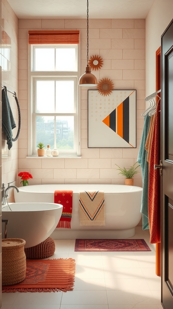 A chic bathroom featuring colorful towels, vibrant rugs, and stylish decor.