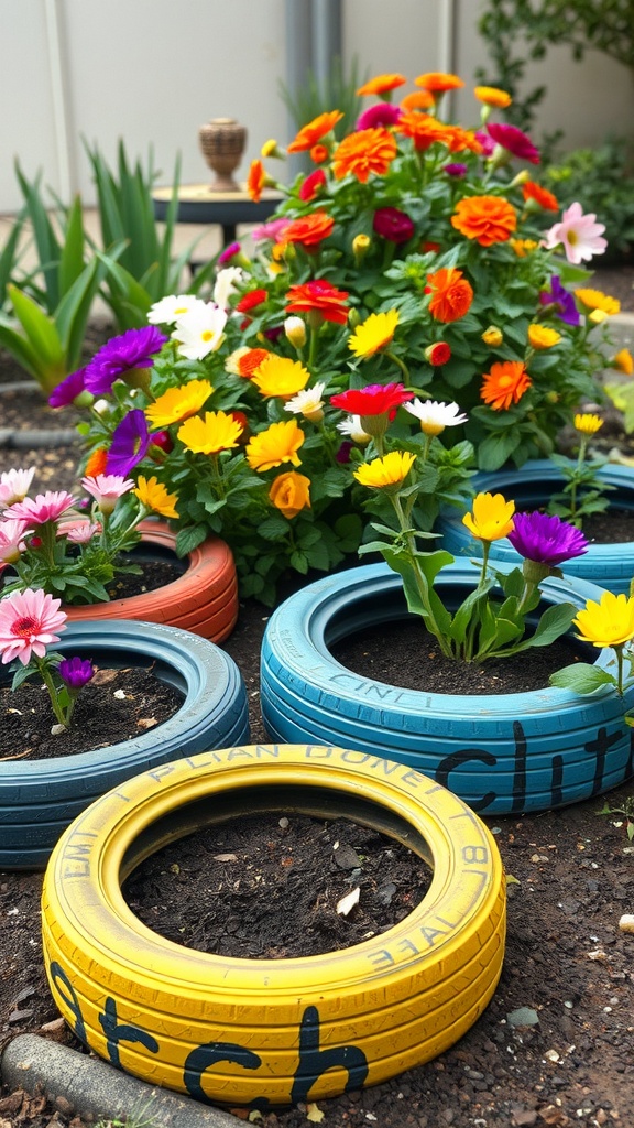 Colorful tire planters filled with vibrant flowers in a garden setting.