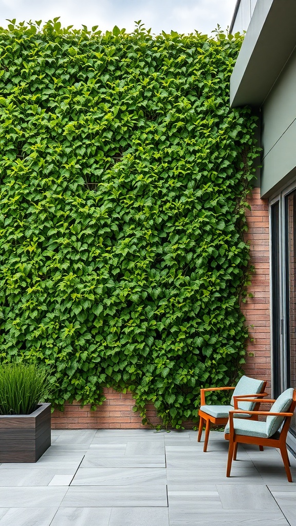 A vertical wall covered in lush green ivy with wooden chairs and a planter in front.