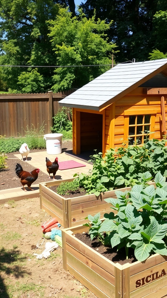 A compact chicken coop beside raised garden beds with chickens roaming around.