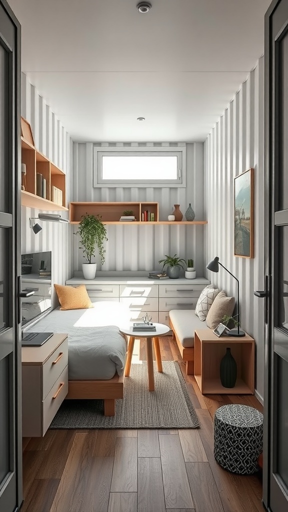 Interior of a compact container studio with minimalist design.