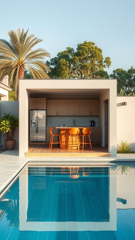 Compact pool house with a kitchen and seating area near the pool.