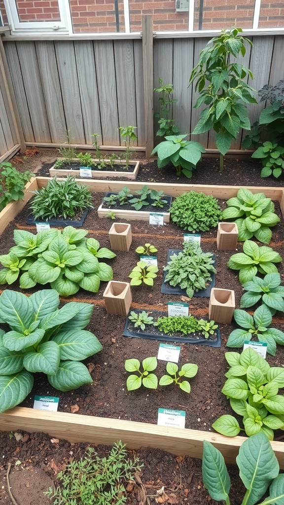 A neatly arranged square foot garden filled with various plants and herbs in a wooden raised bed.