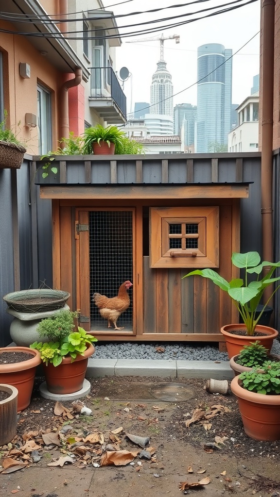 A compact urban chicken coop with a hen standing at the entrance, surrounded by potted plants.