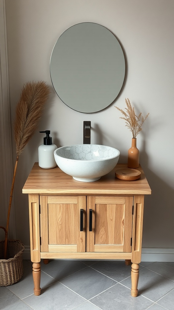 Compact wooden bathroom vanity with a vessel sink and minimalistic decor.