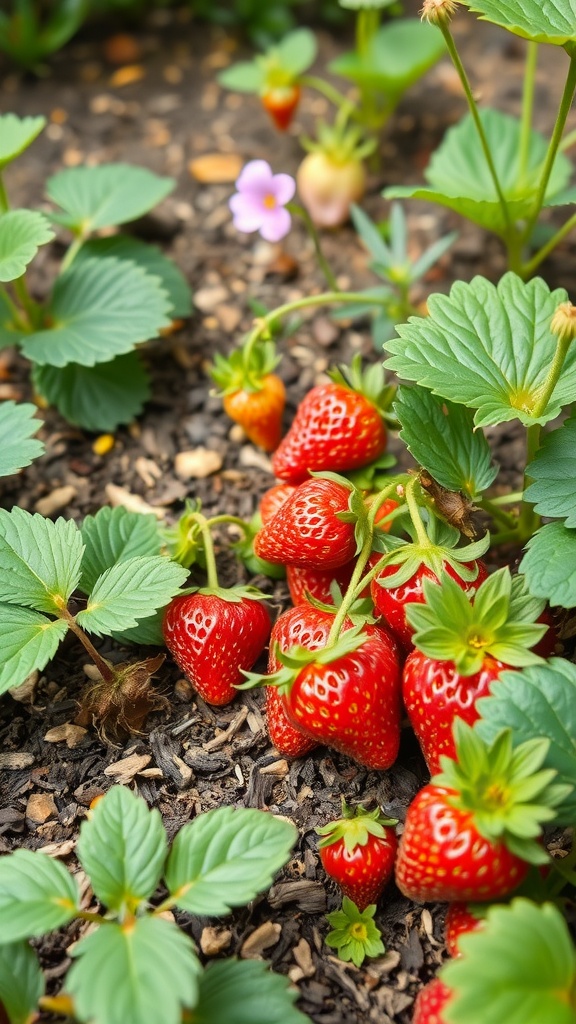 Strawberry plants with ripe strawberries in the garden.