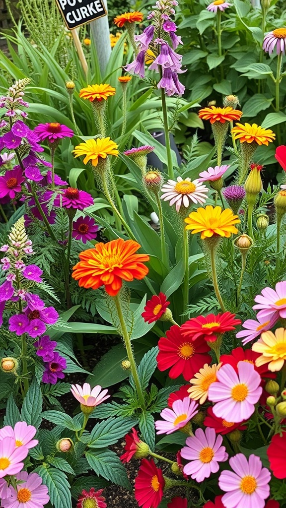 Colorful flower garden with zinnias, lavender, and other blooms