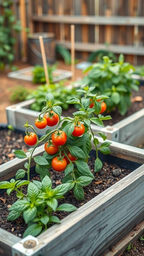 A raised bed garden with tomatoes and basil plants growing together.