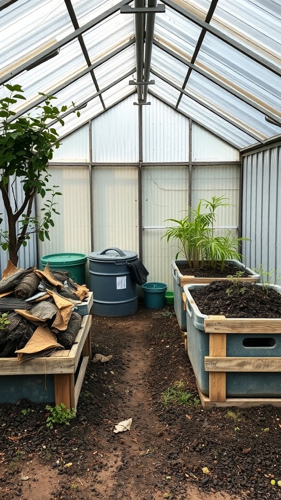 An organized compost and organic fertilizer station in a greenhouse, featuring various containers and plant beds.