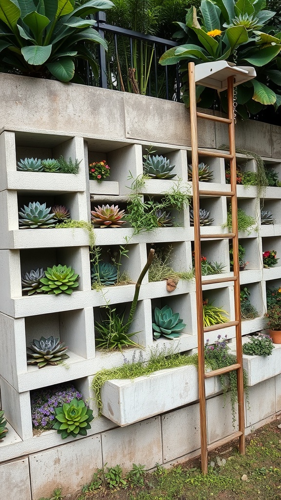 A concrete block garden wall featuring various succulent plants and a wooden ladder for access.