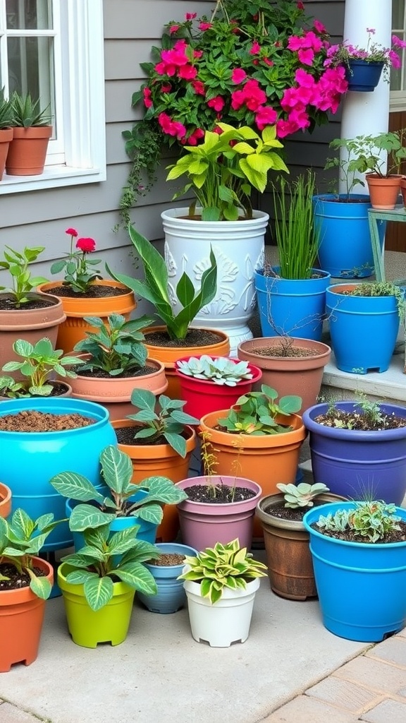 A variety of colorful pots filled with plants arranged on a patio