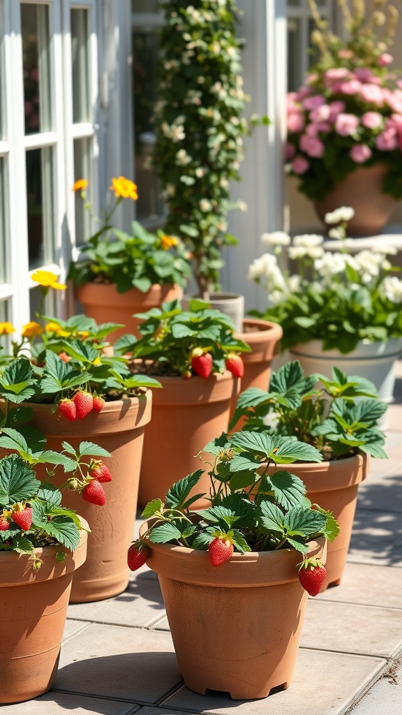 A sunny patio with several terracotta pots filled with strawberry plants and blooming flowers.