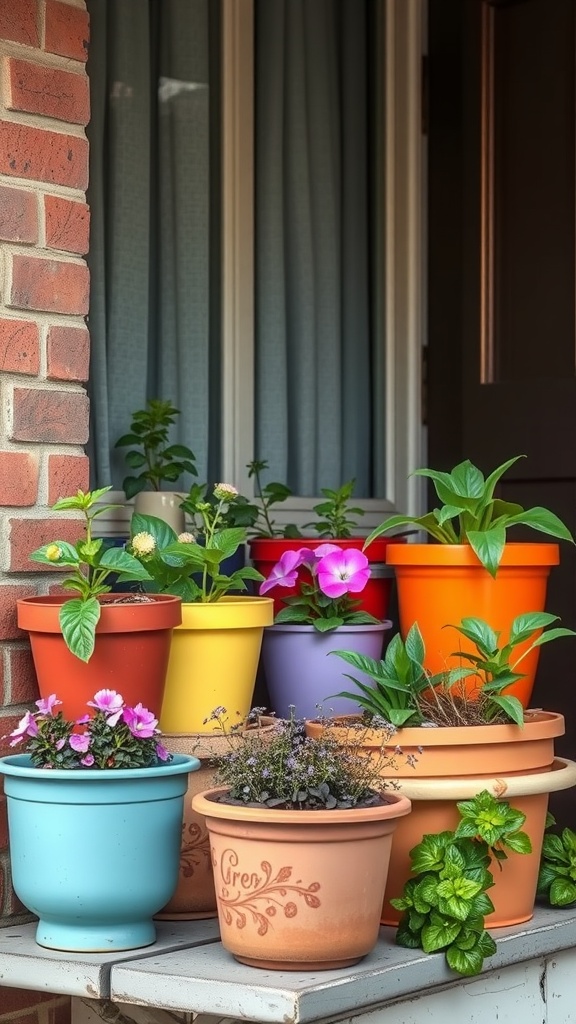 Colorful pots of flowers and plants arranged on a porch.