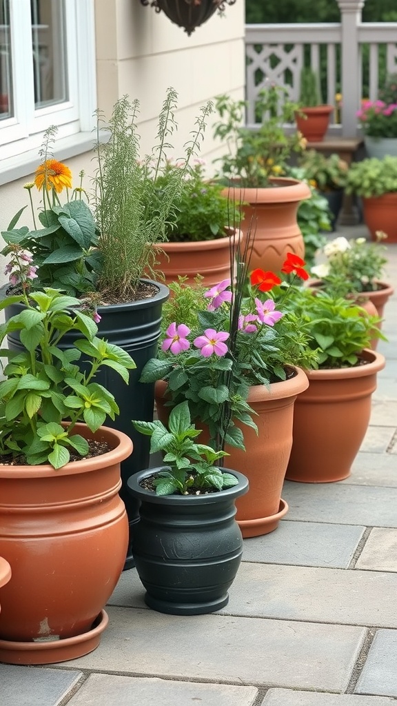 A variety of stylish garden pots filled with colorful flowers and herbs on a patio.