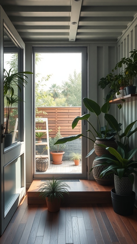 Interior view of a container home with plants and a wooden step leading to a patio.