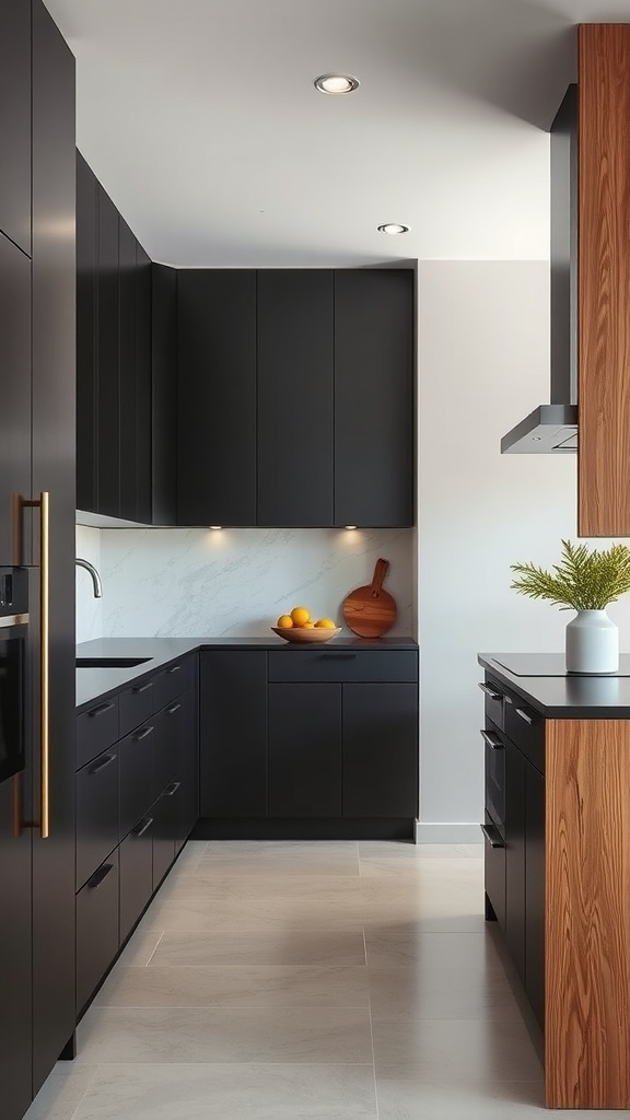 A modern kitchen featuring black cabinets and wooden accents, with a clean and inviting layout