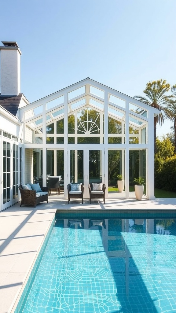 Modern sunroom with glass walls next to a swimming pool