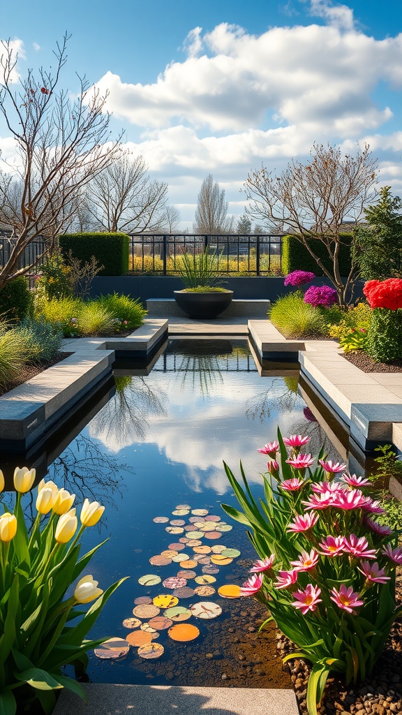 A contemporary garden water feature surrounded by colorful flowers and a clear blue sky.