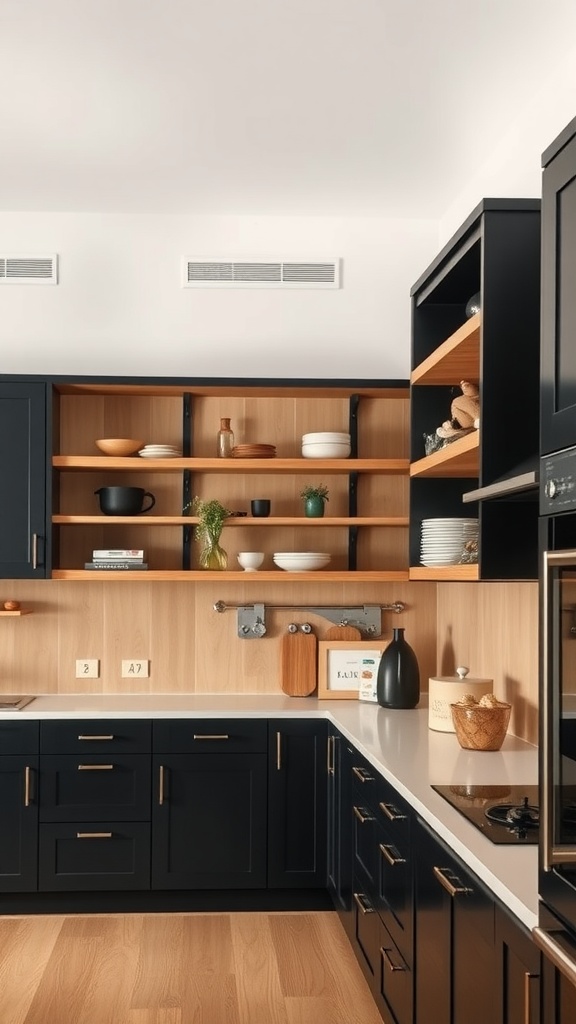 A modern kitchen featuring dark cabinets and light wood shelving, showcasing a balance of colors and textures.