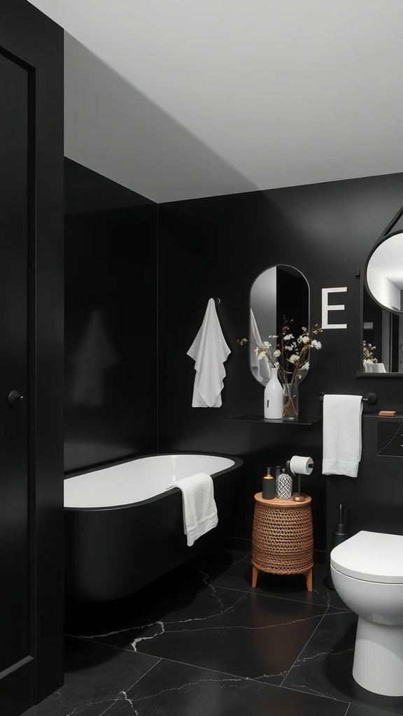 A modern black bathroom featuring white towels and a white bathtub, highlighting contrasting elements for balance.