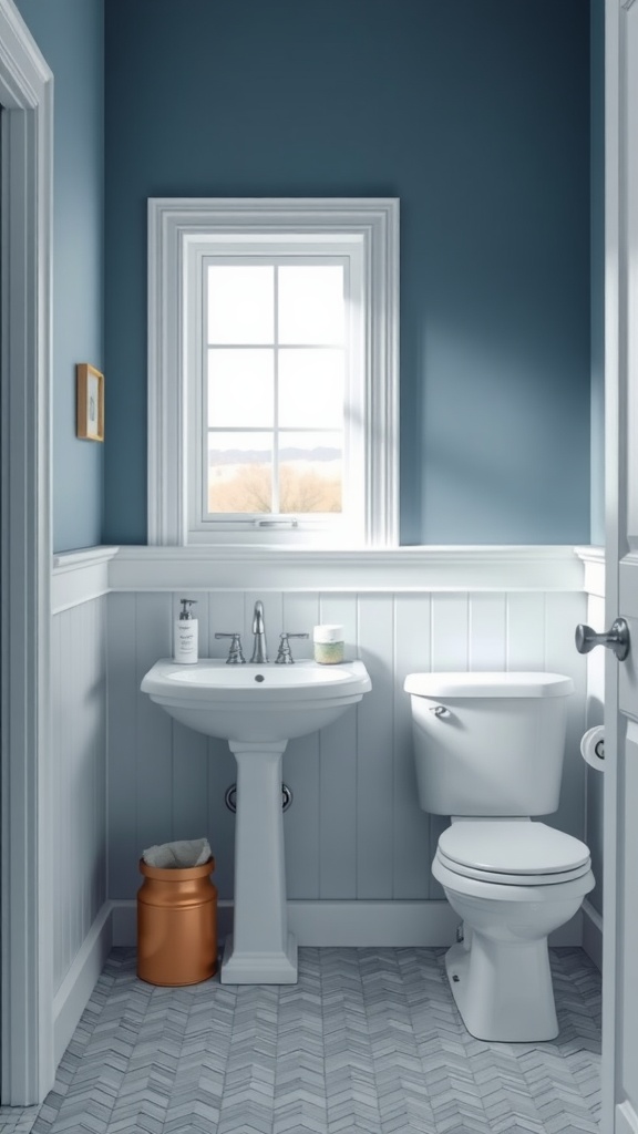 A stylish bathroom featuring a cool blue wall with white chair rail and wainscoting.