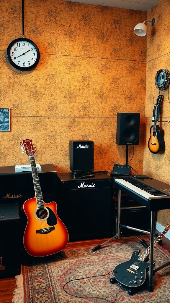 A cozy music room featuring cork wall panels, guitars, and sound equipment.