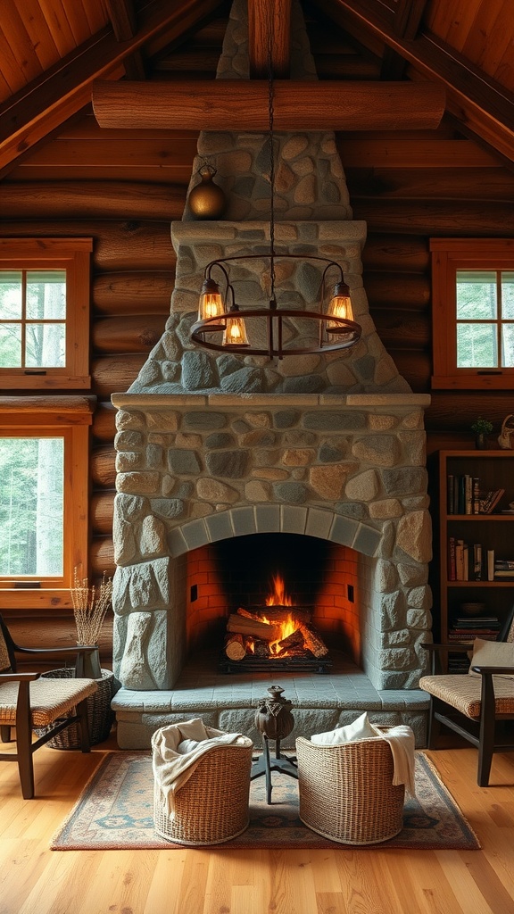 Cozy cabin interior featuring a stone fireplace, wooden beams, and wicker chairs