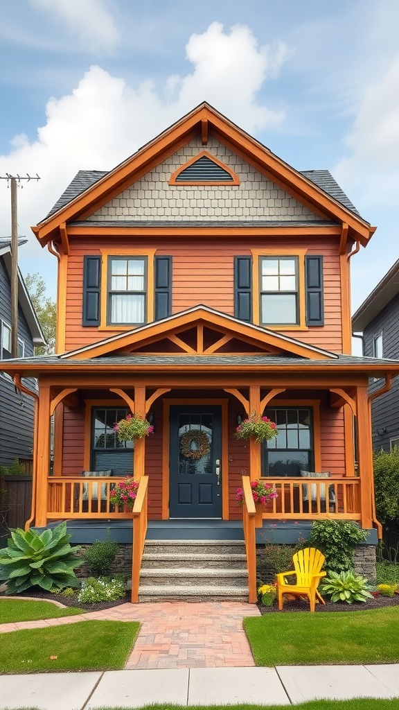 A cozy Craftsman-style two-story house with a wooden porch, bright colors, and beautiful landscaping.