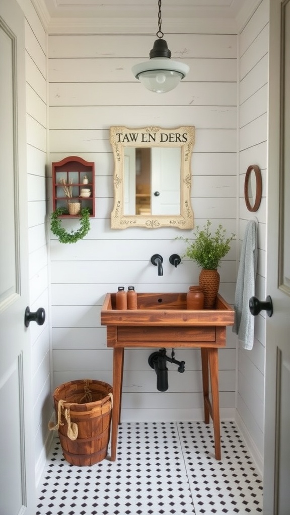 A cozy farmhouse-style bathroom with a wooden sink, greenery, and a stylish mirror.