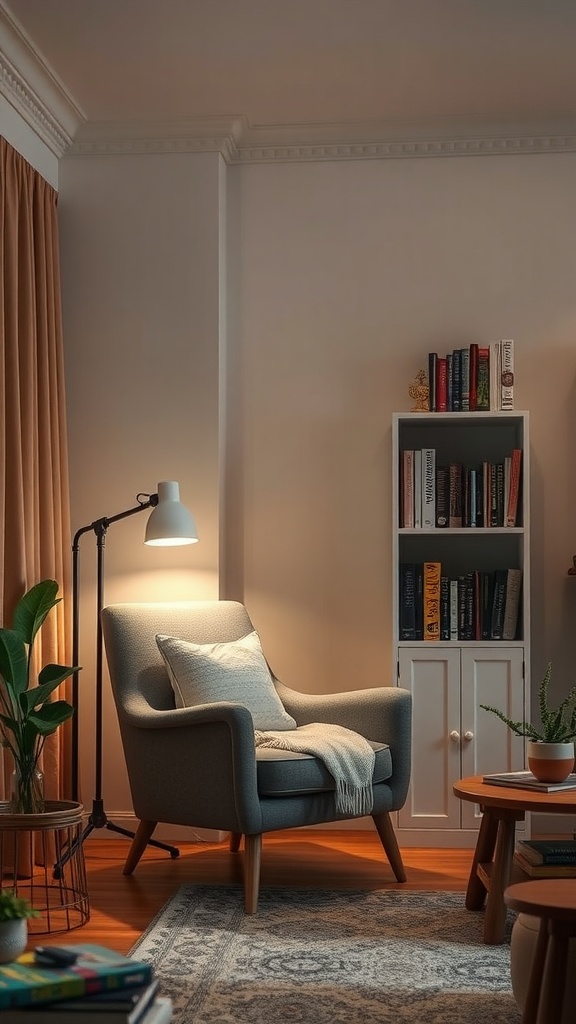 A cozy reading nook featuring a comfortable armchair, soft lighting, and bookshelves.