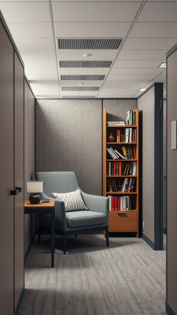 A cozy reading nook in an office cubicle featuring a comfortable chair, a side table with a lamp, and a bookshelf filled with books.