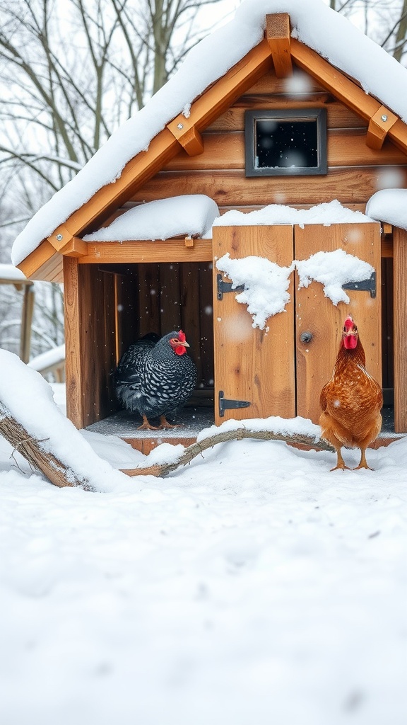 A cozy wooden chicken house with snow on the roof and two chickens outside.