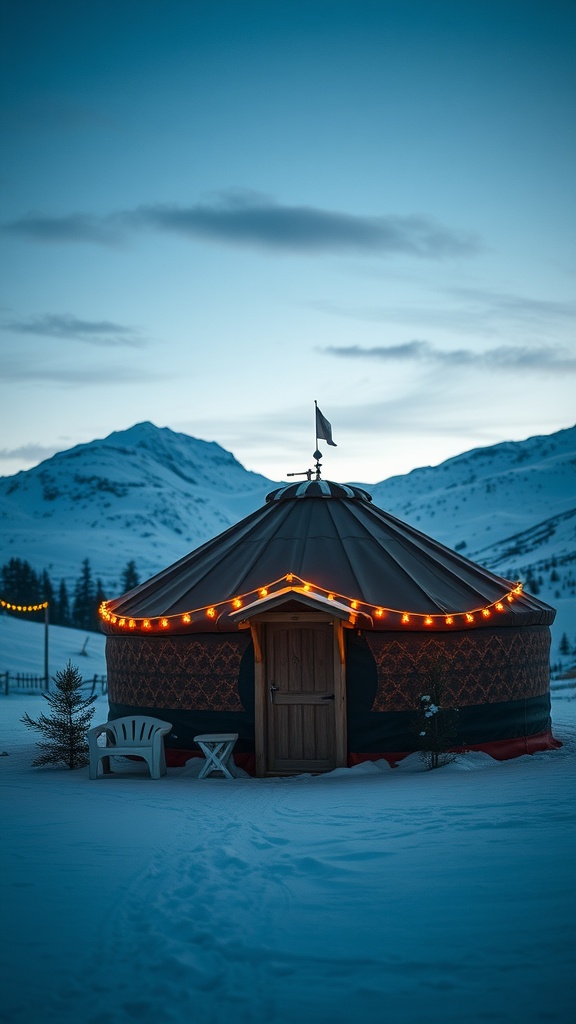 A cozy yurt with string lights in a snowy mountain landscape