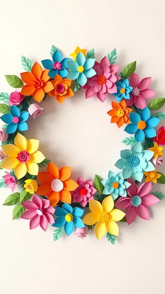 Colorful craft paper flower wreath with various flowers and leaves.